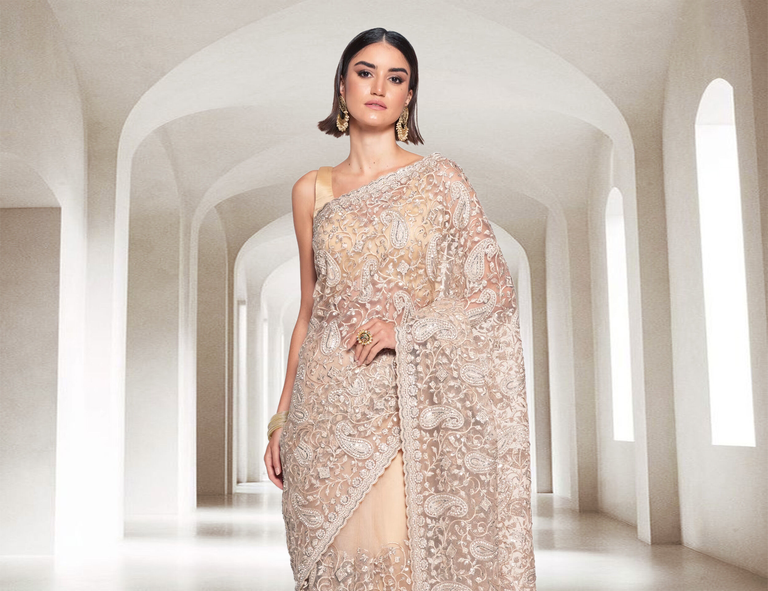 women wearing beautifull silver designer authentic saree
